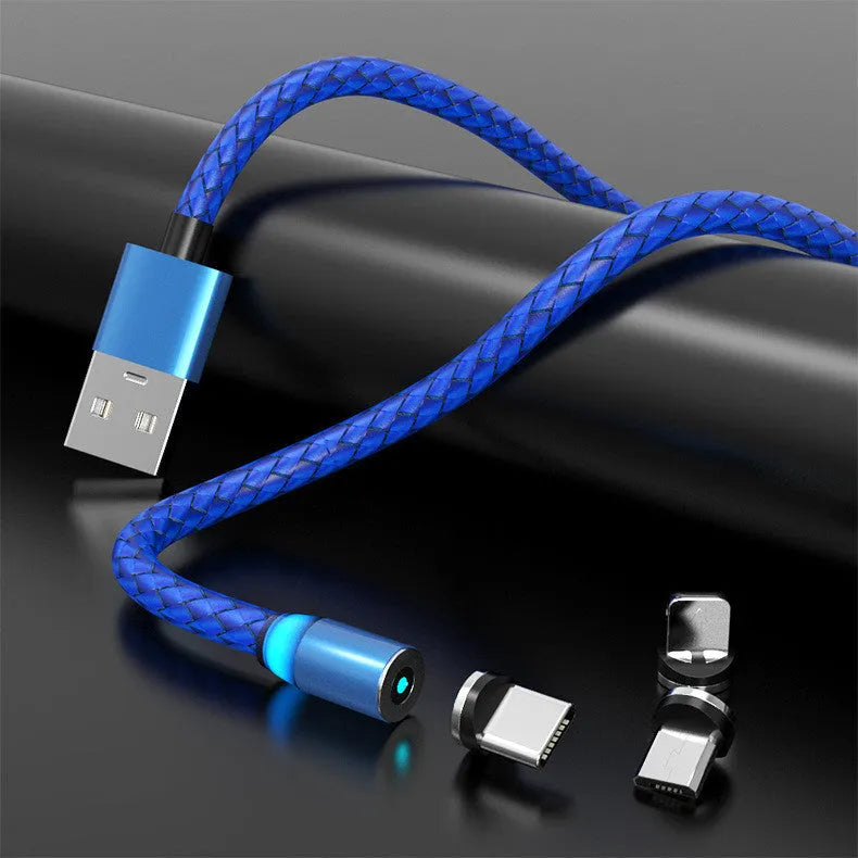 Gold magnetic phone charging cable with breathing light, showing detachable magnetic heads for Apple Lightning and TYPE-C connectors.