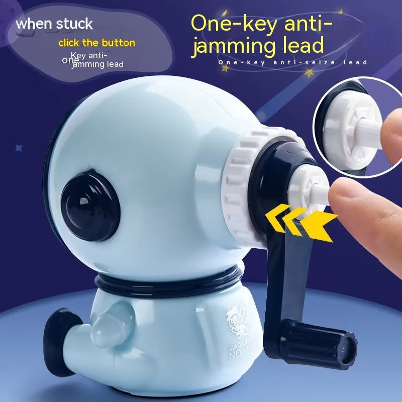 Astronaut-themed manual pencil sharpener in blue or pink with adjustable three-level system