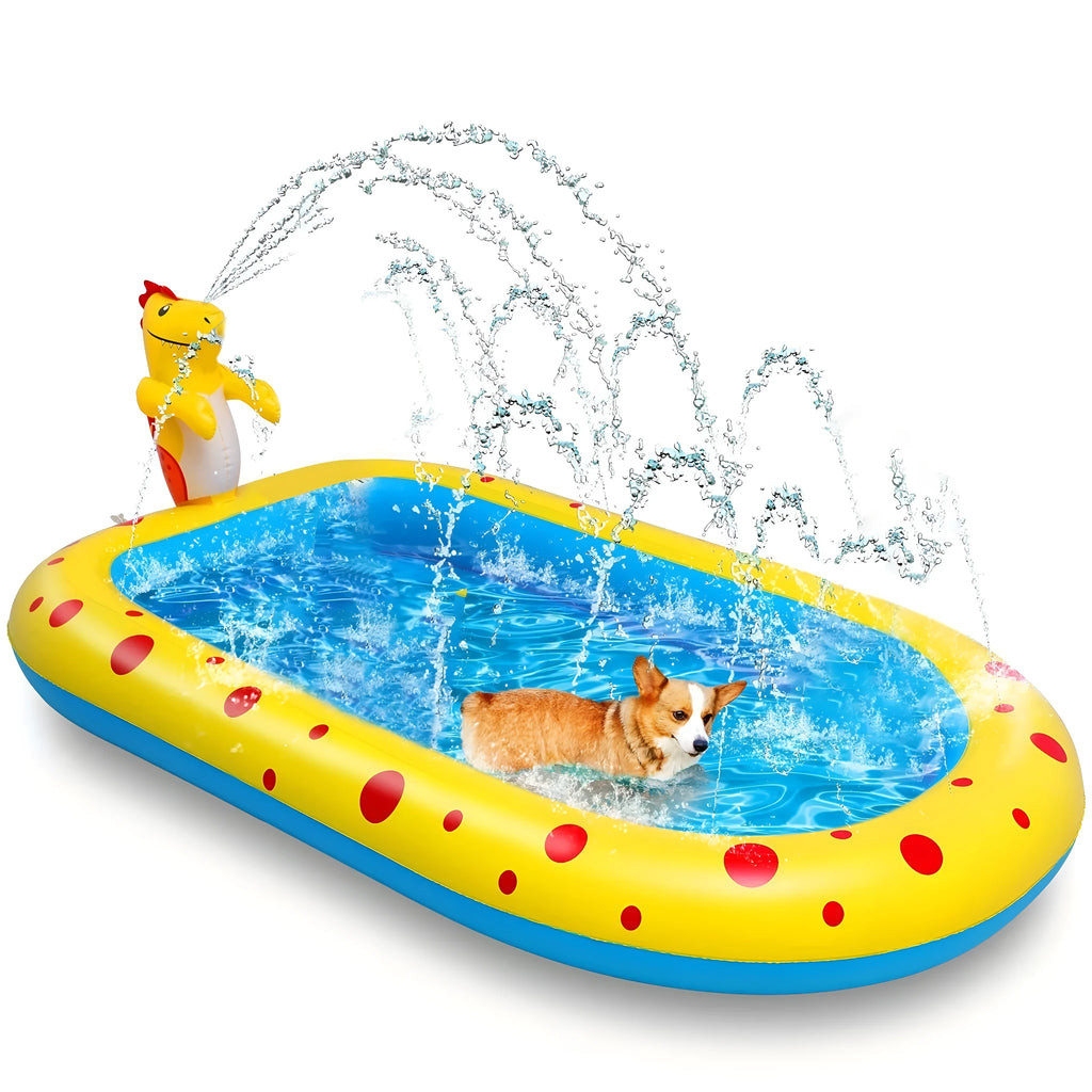 Blue dinosaur water spray pool mat with shark graphics measuring 170x105cm