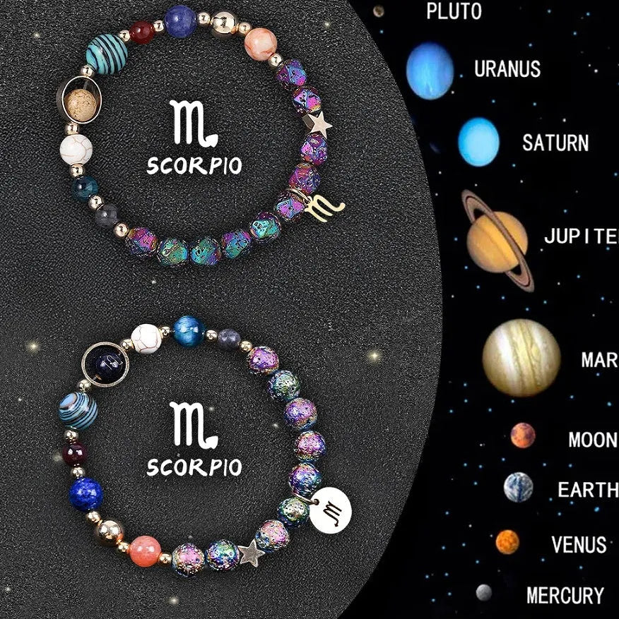 Two natural stone beaded bracelets laid out, each featuring designs for different zodiac signs.