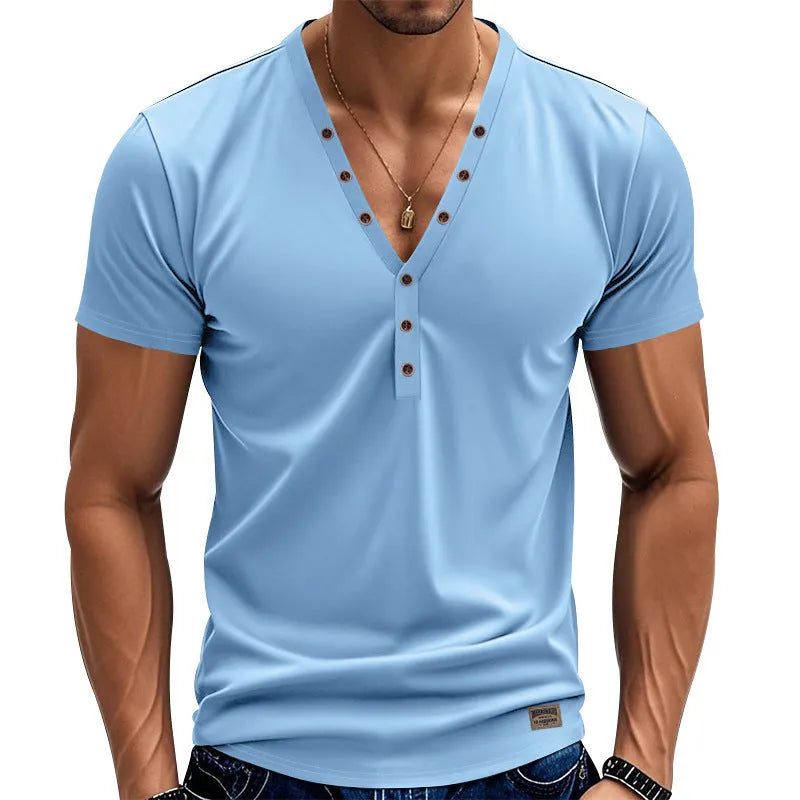 Men's loose fit V-neck button pullover in chemical fibre blend fabric available in multiple colours