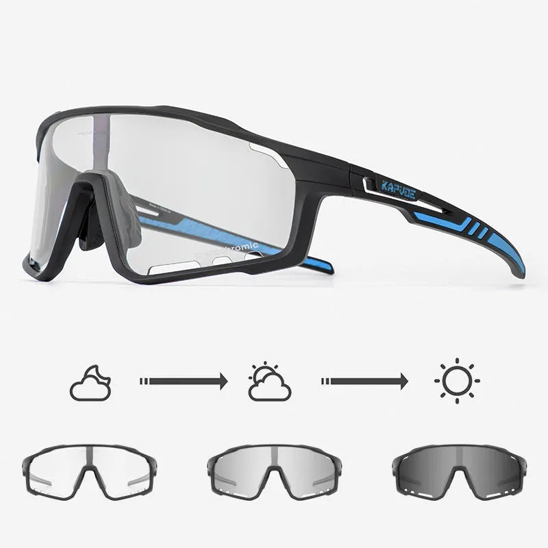 TR90 semi-rimless cycling sunglasses with photochromic lenses, shown in multiple colour options.