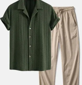 Camouflage print casual suit with short sleeve shirt and trousers in slim fit