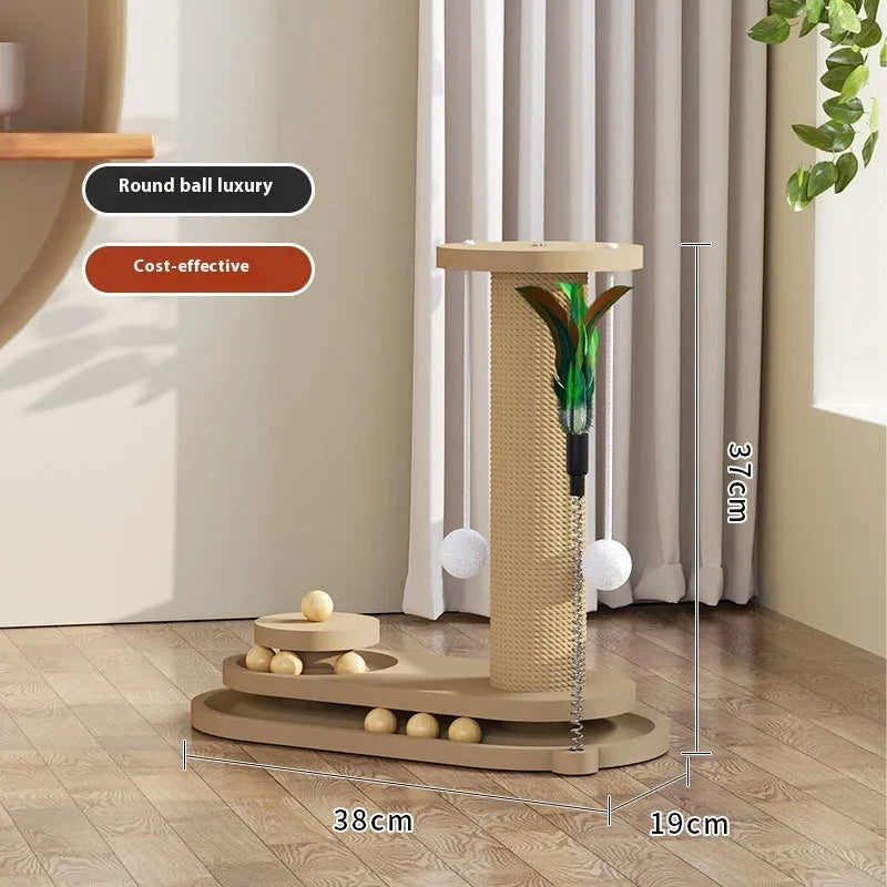 Solid wood cat turntable scratching post with climbing frame in natural timber construction