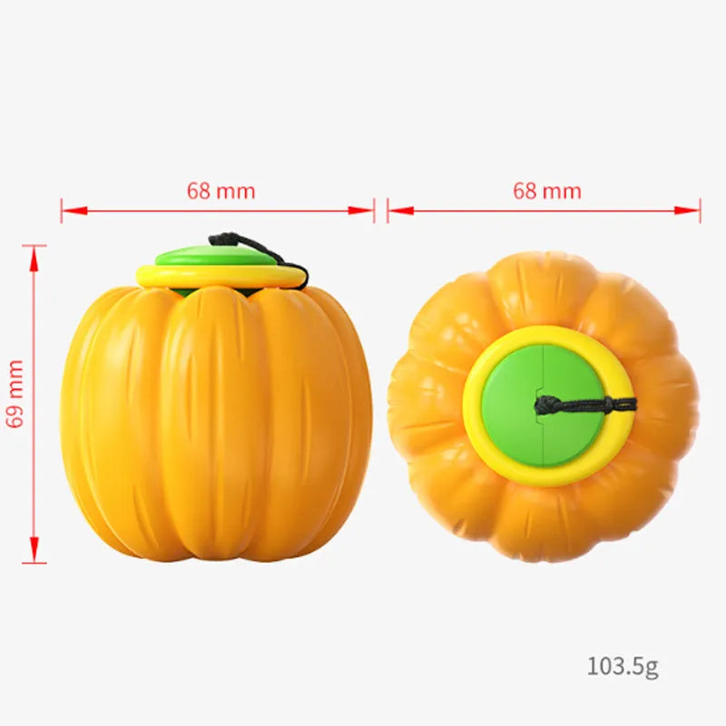 Orange plastic pumpkin-shaped dog chew toy with a squeaker, shown next to a measuring tape indicating its 68mm size.