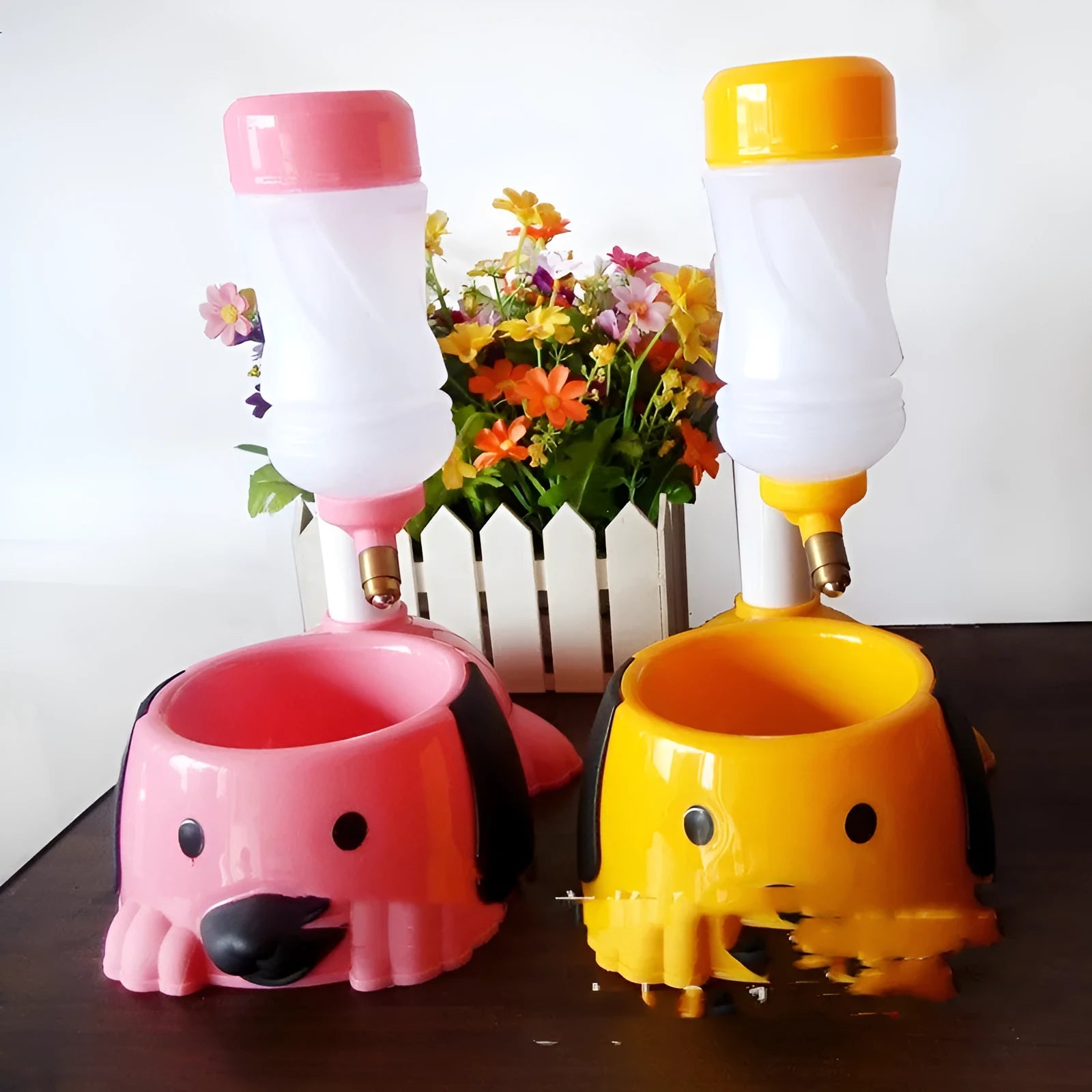 Adjustable height pet drinking bowl with rod lifting mechanism in blue, pink or yellow colours