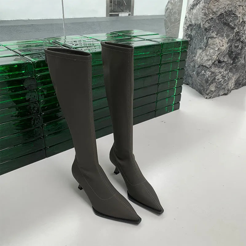 Black pointed toe below knee stiletto heel boots with a back zipper on a woman's leg.
