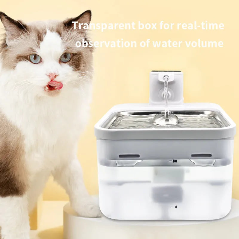 Intelligent self-circulating rechargeable wireless pet water dispenser in white with stainless steel tray