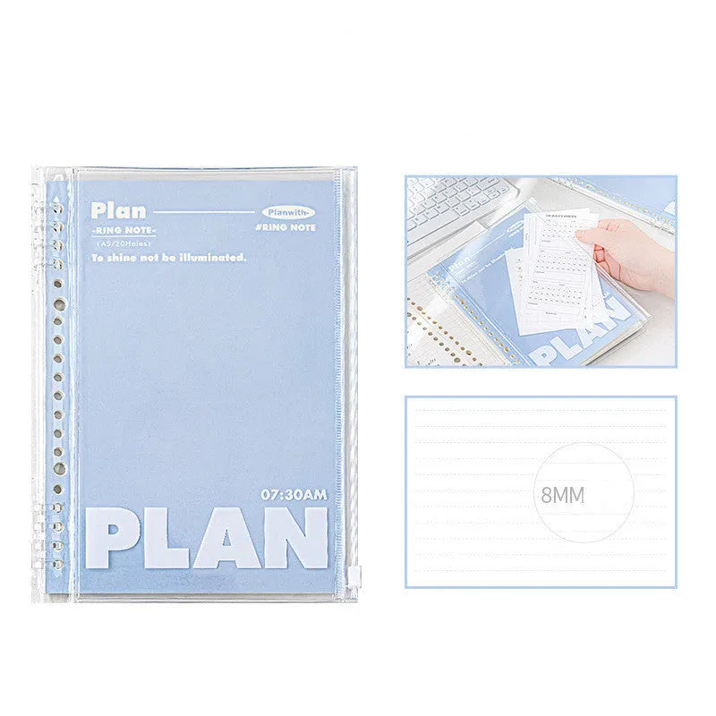 Blue and white A5 PVC spiral notebook showing spiral binding and water-resistant cover.