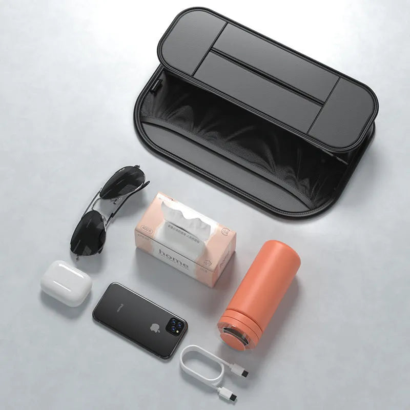 Black leather car seat rear storage bag organiser showing dimensions.