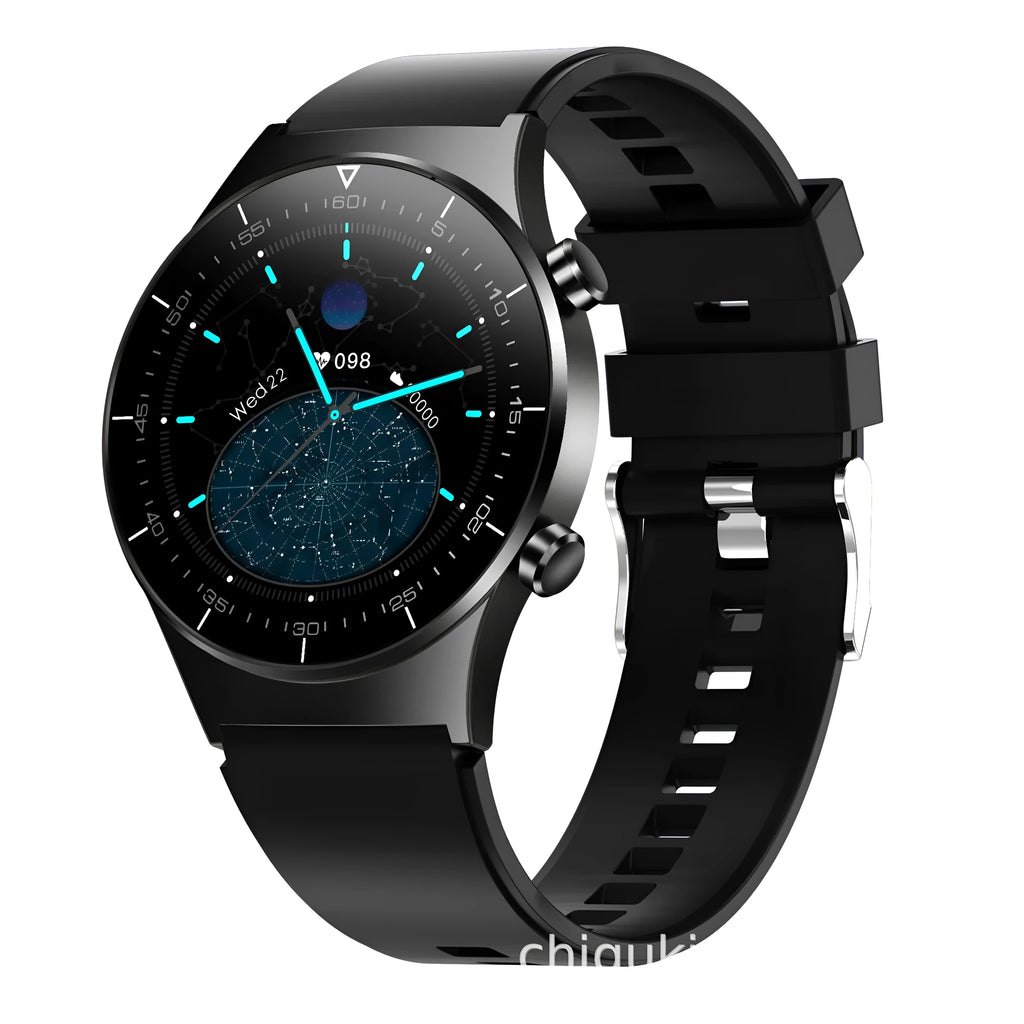 Black smart watch with 1.3 inch touchscreen displaying heart rate and blood pressure readings
