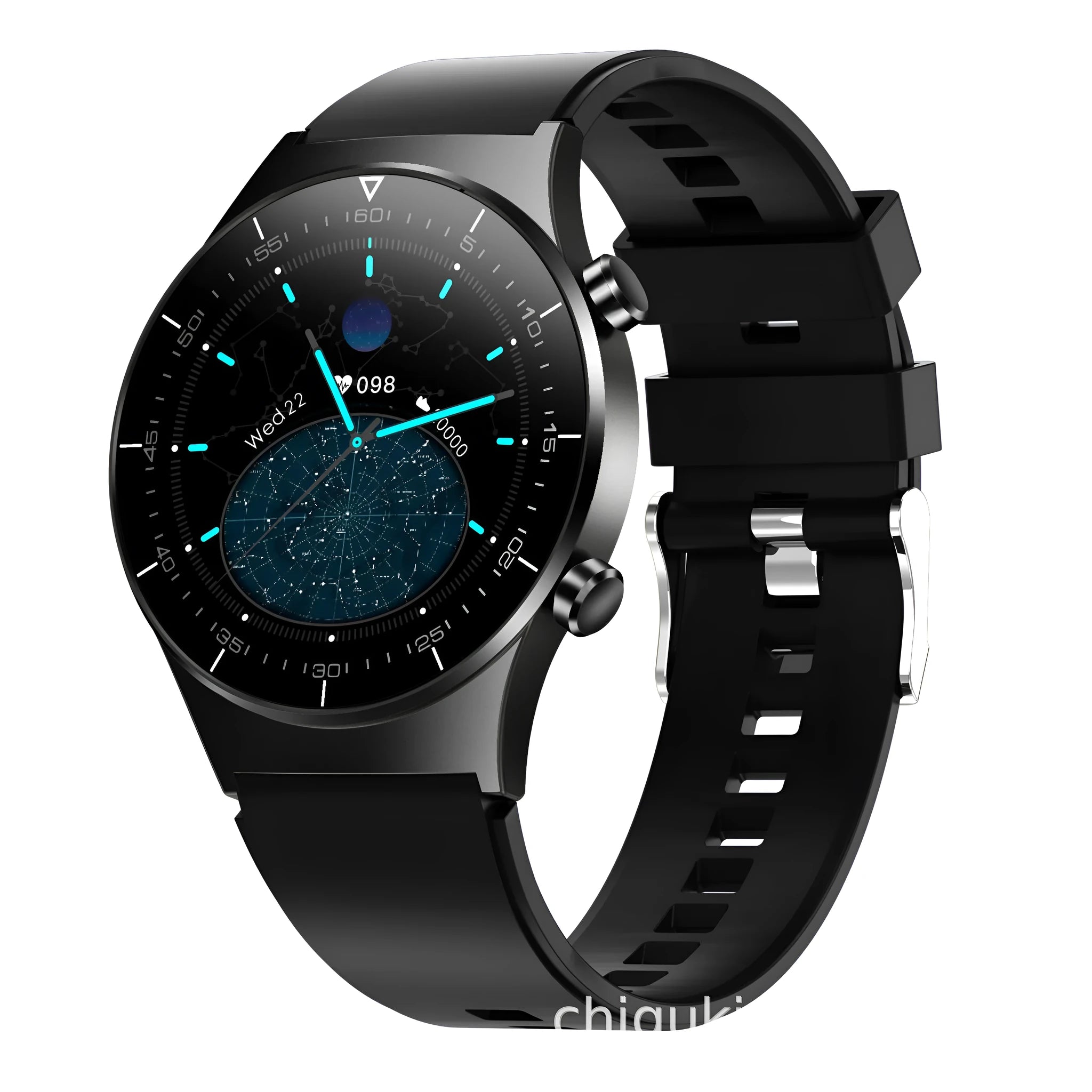 Black smart watch with 1.3 inch touchscreen displaying heart rate and blood pressure readings