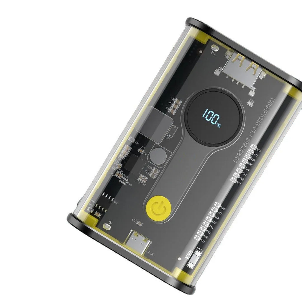 Transparent yellow power bank showing internal aluminum battery case with 10000mAh capacity