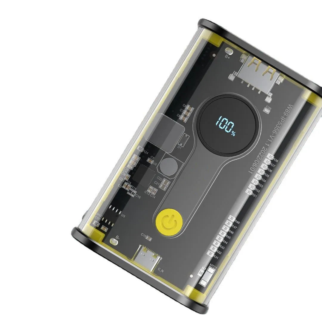 Transparent yellow power bank showing internal aluminum battery case with 10000mAh capacity