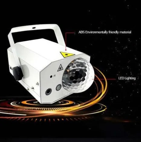 Black and white LED laser magic fan stage light with remote control on a dark background.