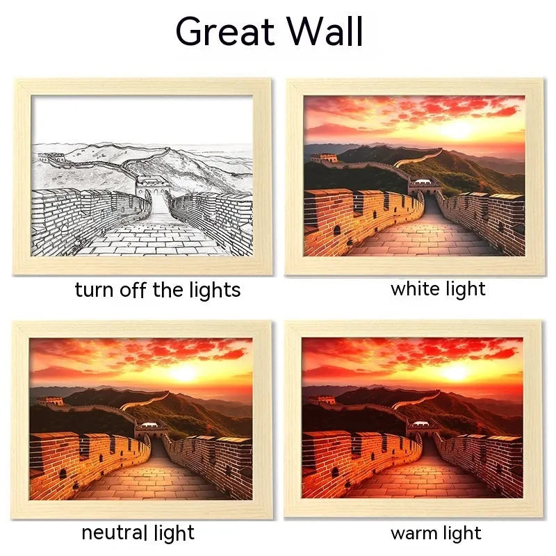 USB LED luminous picture frame night lamp showing illuminated landscape design in modern plastic frame