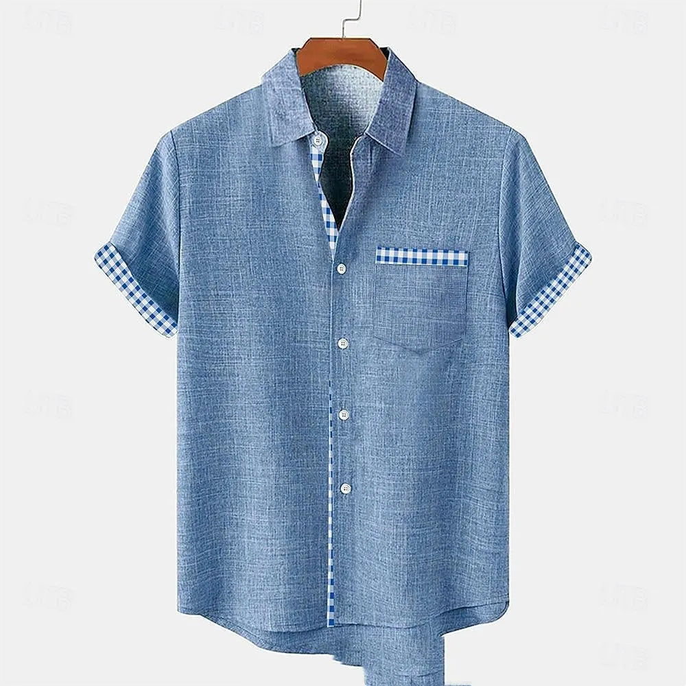 Linen short sleeve shirt with ocean fish pattern on lapel, loose casual fit for teenagers