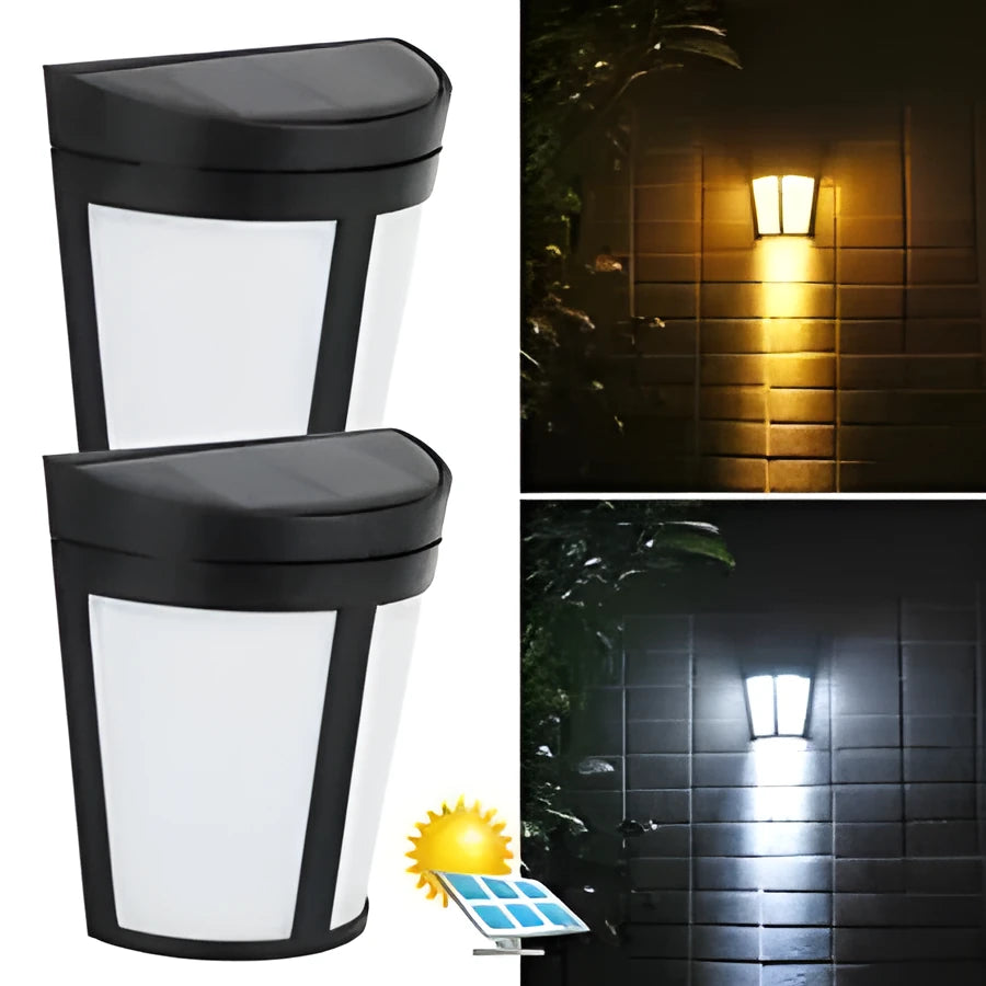 Solar wall lamp with 6 LEDs and IP65 waterproof rating for outdoor garden lighting