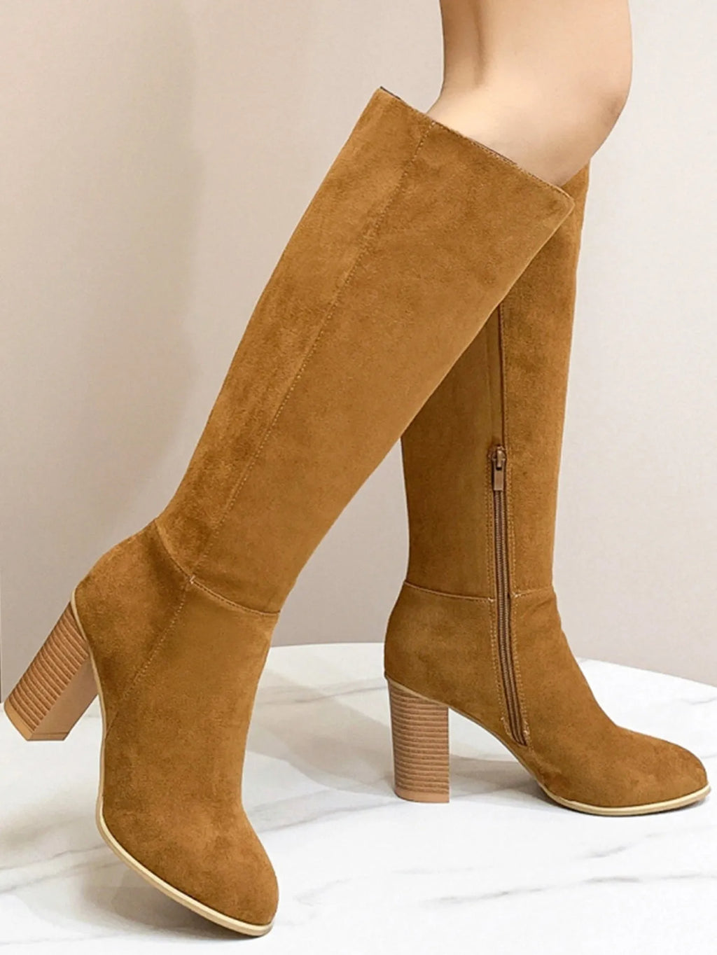 Women's square toe high heel fashion boots in artificial PU leather available in black and dark brown