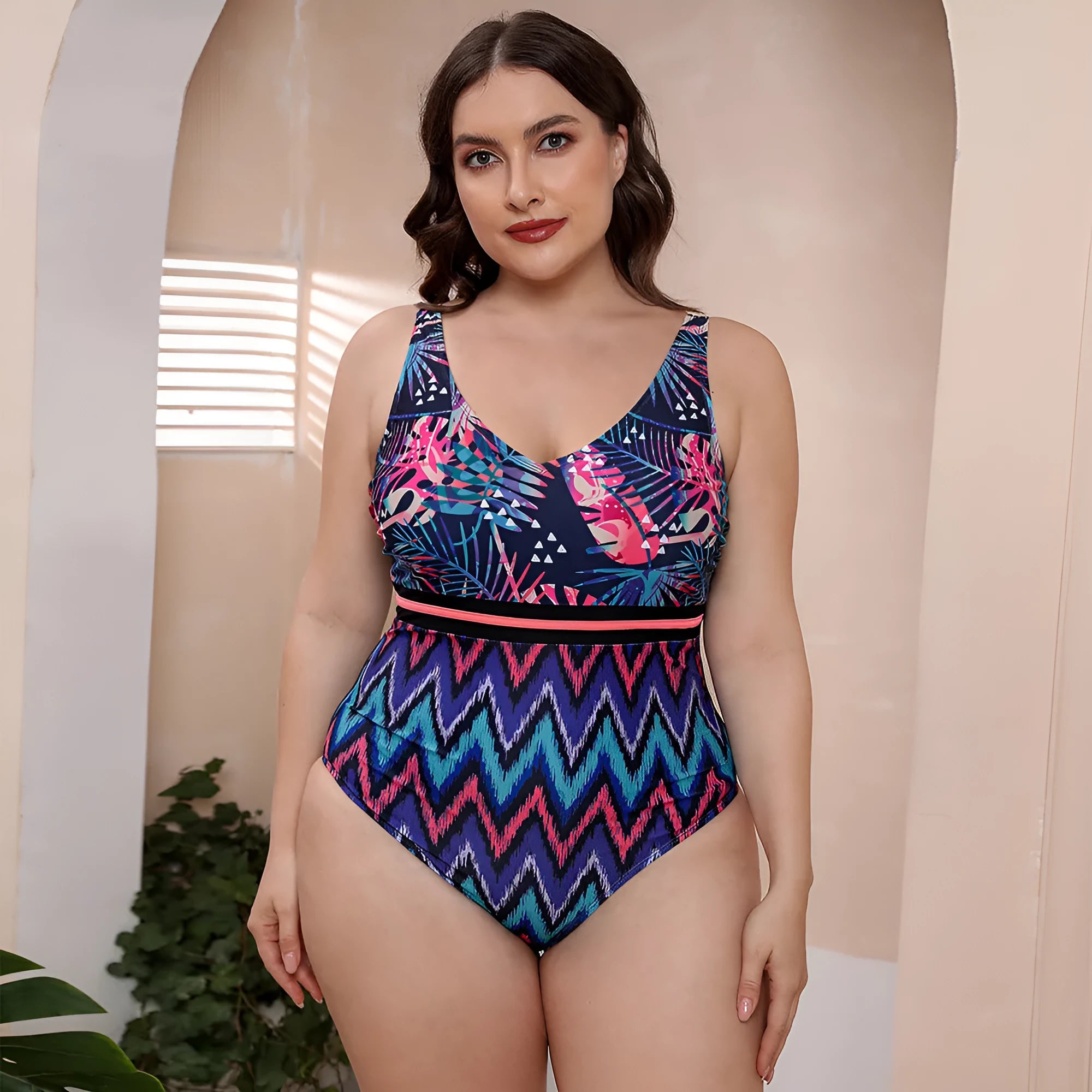 Women's blue striped vest print one-piece swimsuit with spaghetti straps on a mannequin