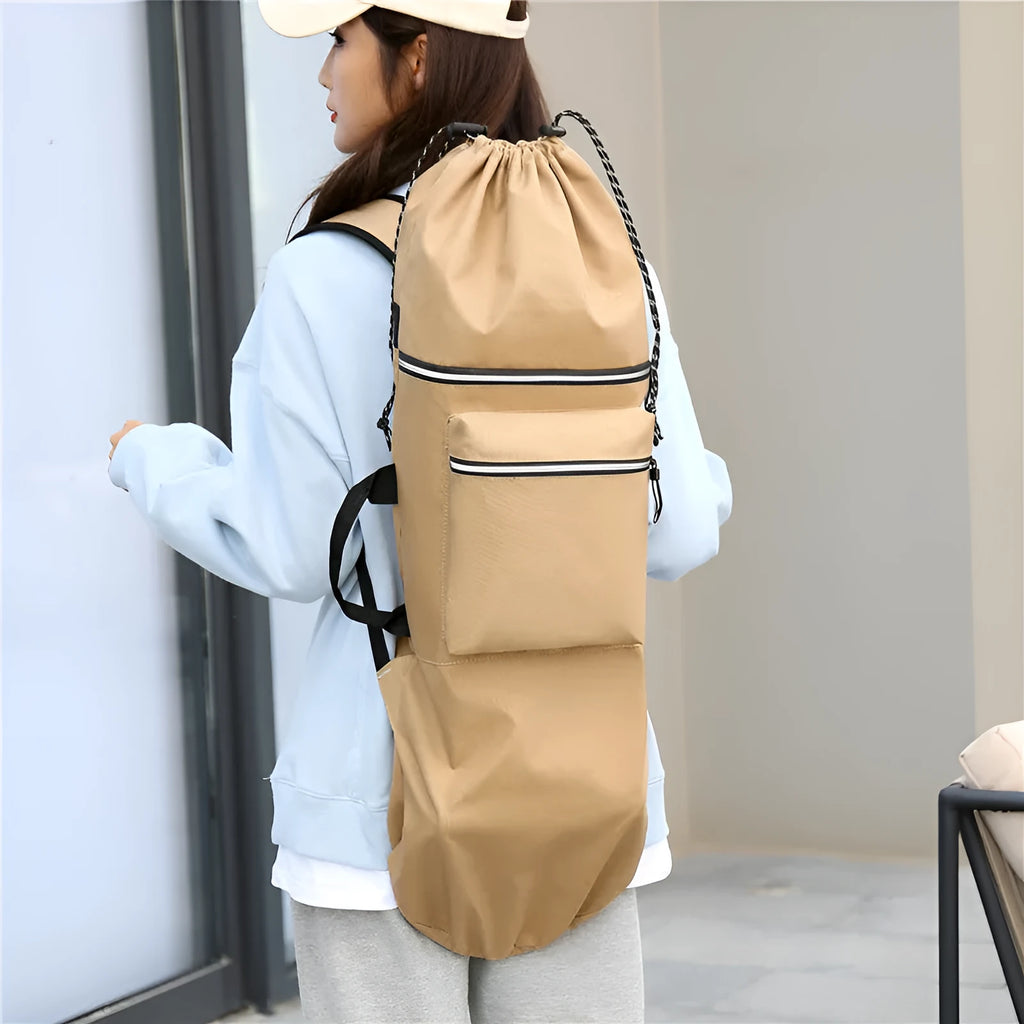 Waterproof nylon skateboard backpack in camouflage colours showing equipment compartments