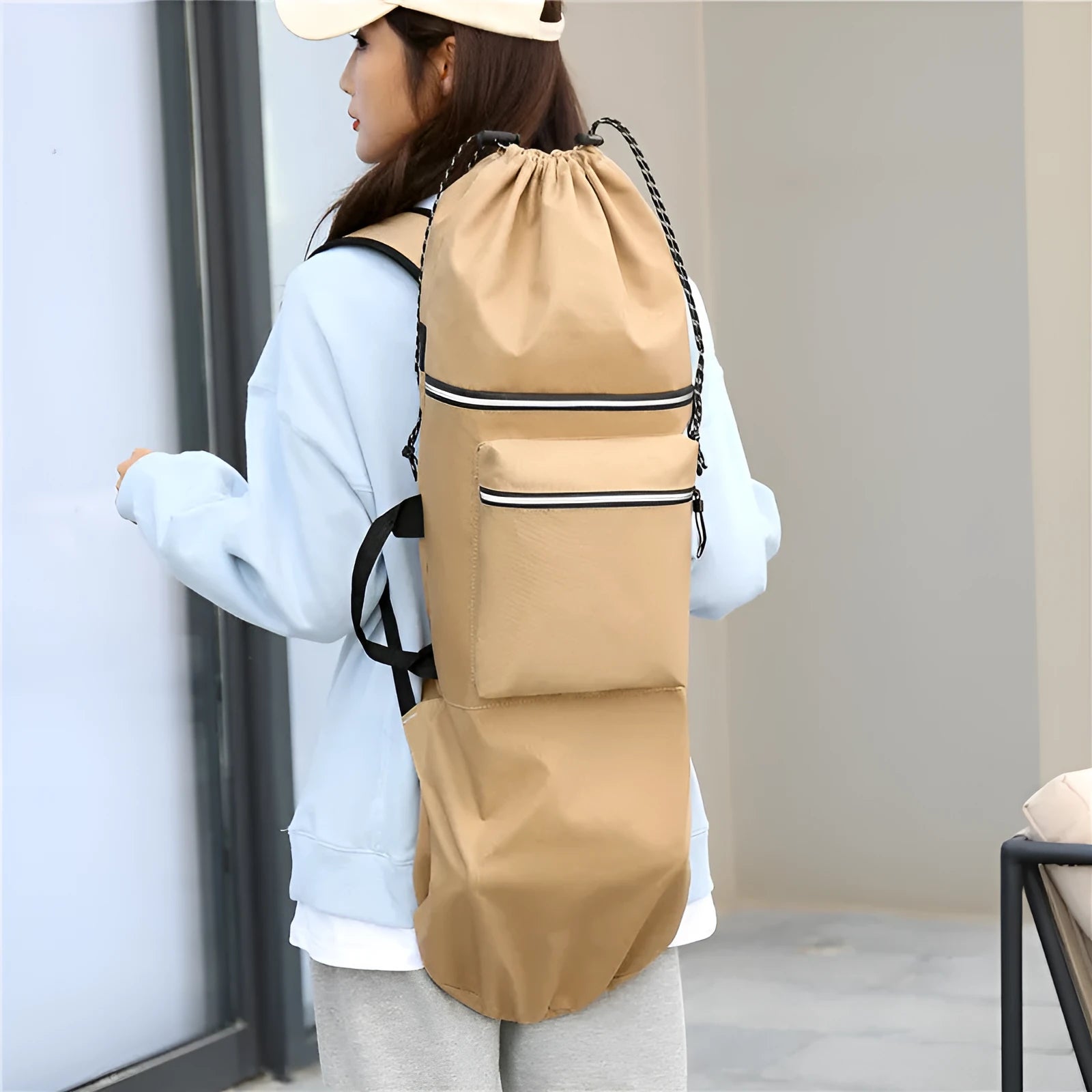 Waterproof nylon skateboard backpack in camouflage colours showing equipment compartments