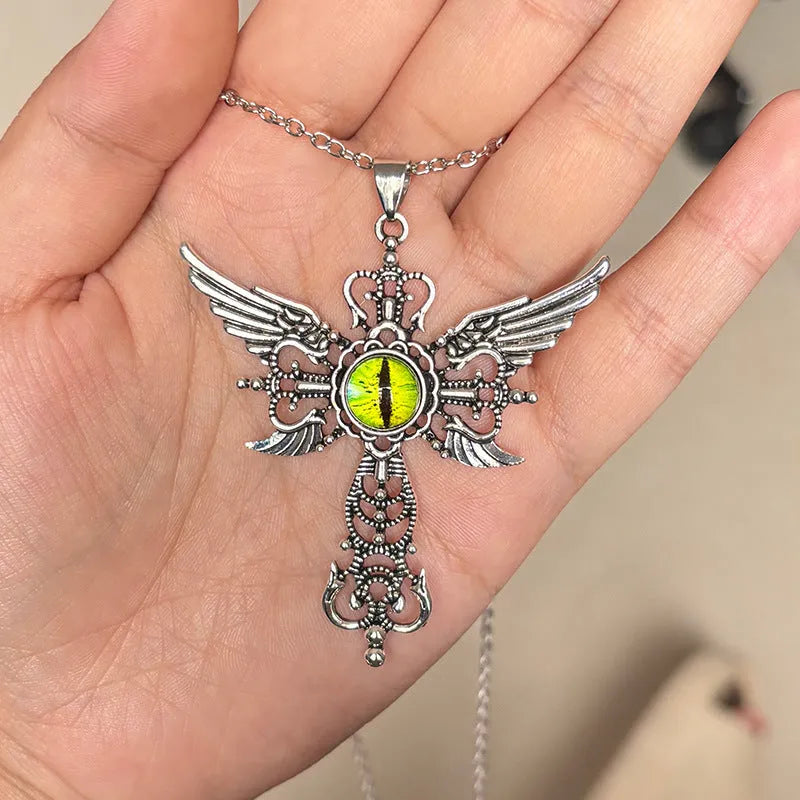 Geometric devil wings cross pendant necklace in alloy with blue, green, purple, red and yellow colour options