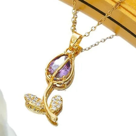 Zircon tulip necklace with adjustable titanium steel chain and copper-plated gold pendant