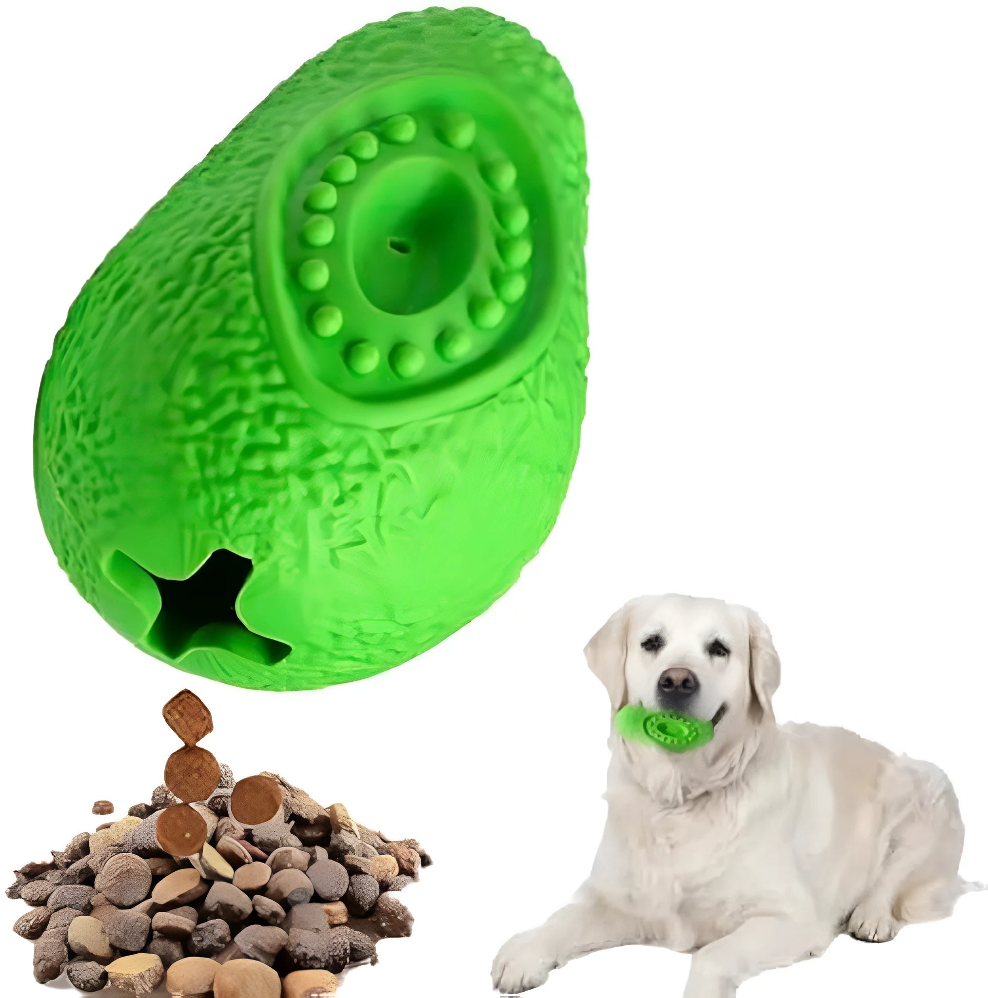 Green natural rubber dog chew toy with avocado shape and textured surface for aggressive chewers