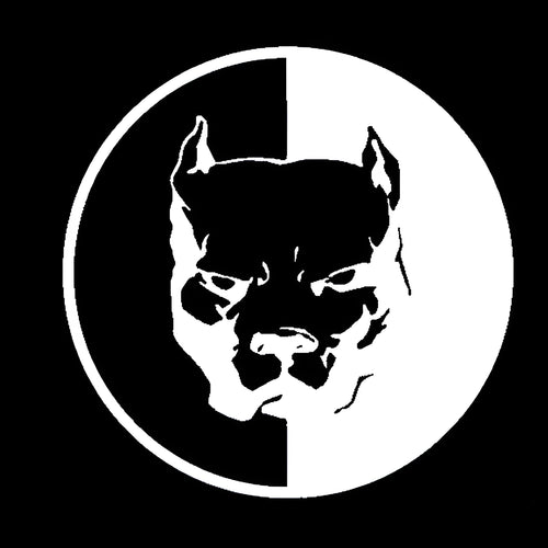 Square black, white, and red vinyl car sticker with a superhero bulldog dog graphic.
