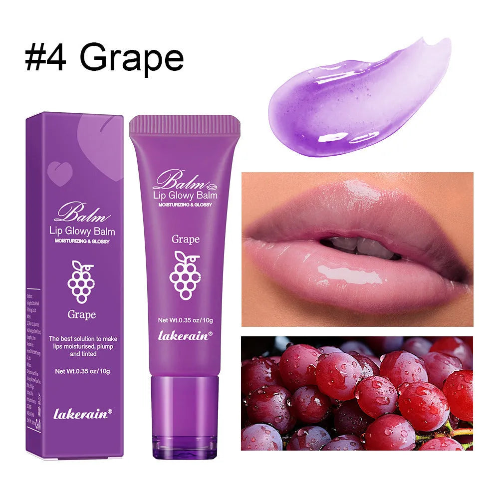 Women's lip gloss applicator in one of four fruit flavours: yellow peach, berry, grapefruit, or grape.