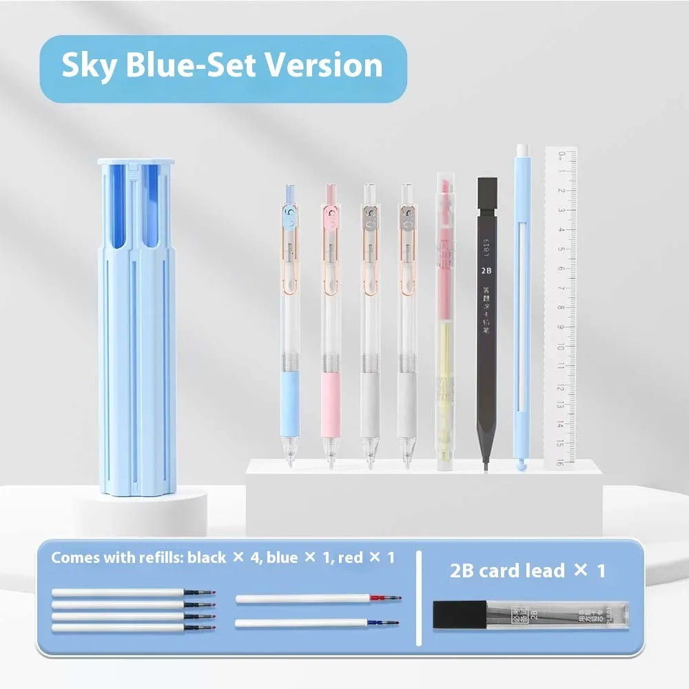 Plastic pressing pen kit for six pens in pencil case with colour options