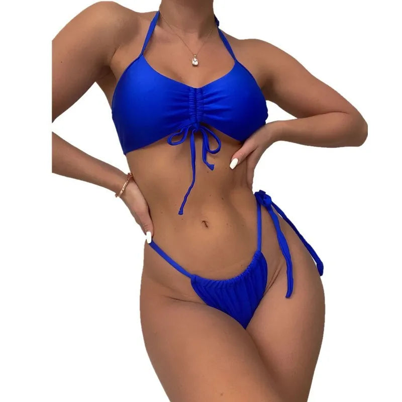 Blue polyester neck-hanging two-piece bikini set for women with matching shorts
