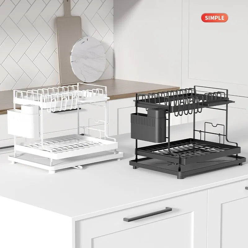 White and black double-layer kitchen storage rack with removable draining section for utensils.