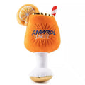 Yellow beer bottle shaped plush squeaky dog chew toy with teeth cleaning feature