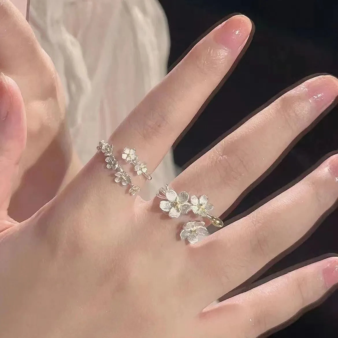 Three-dimensional jasmine flower ring with adjustable open-mouth design and electroplated finish