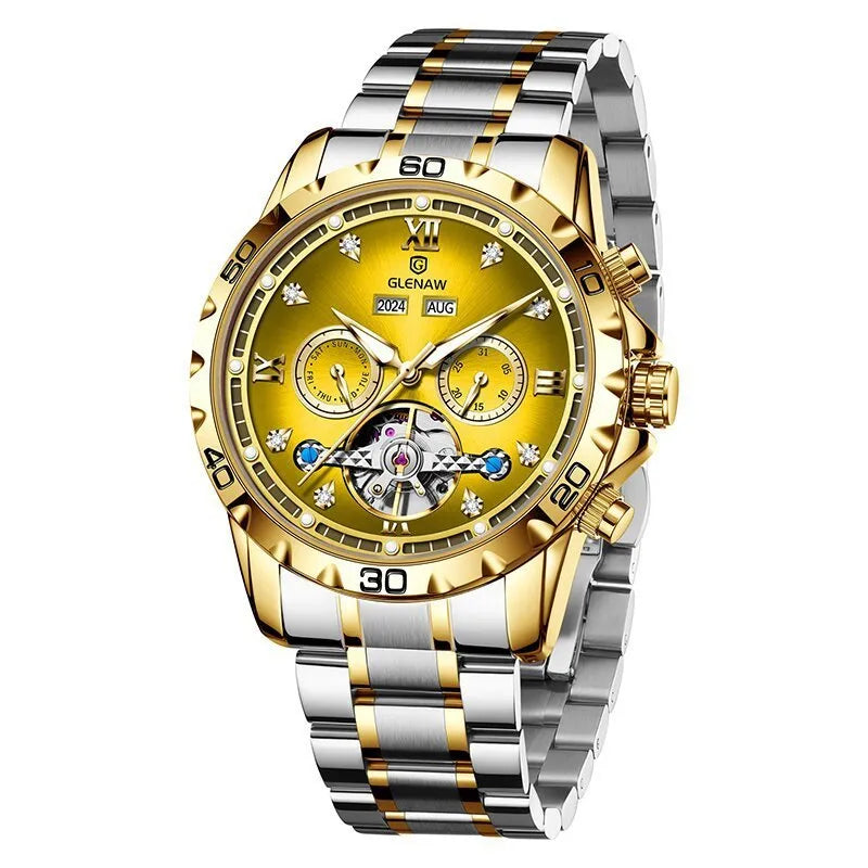 Men's automatic mechanical watch with stainless steel strap and mineral glass face