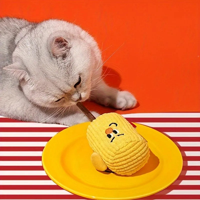 Natural wood corn cob shaped chew toy for cats on a white background.