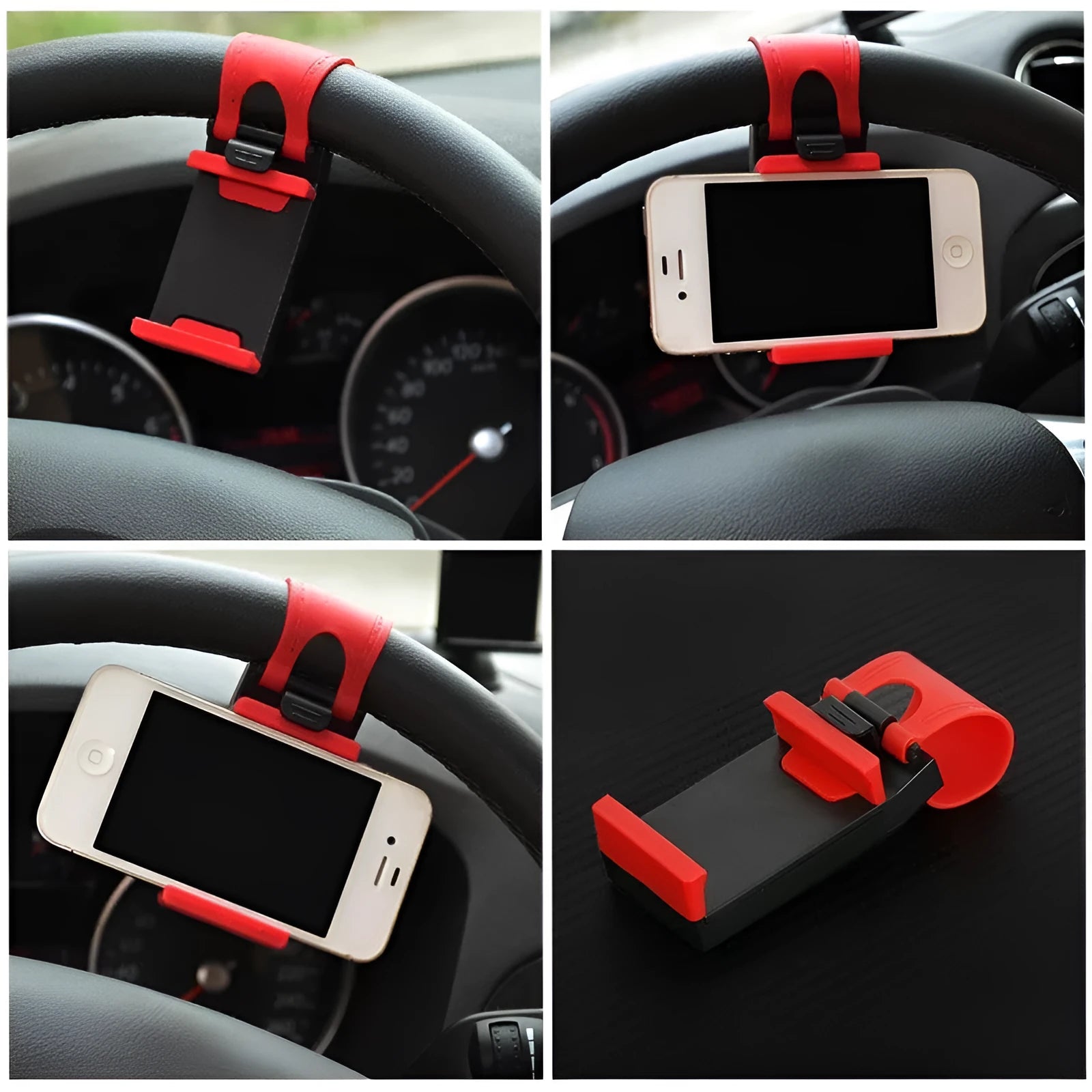 Black steering wheel clip mount holding smartphone on car steering wheel