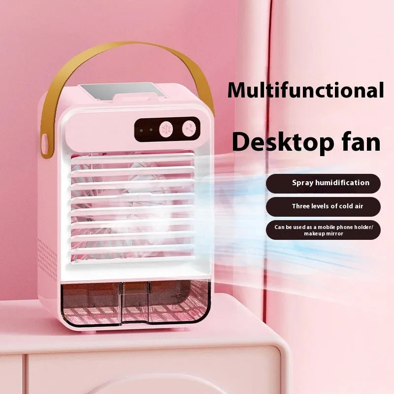 Dark green desktop humidifying air cooler with USB cable and compact dimensions for personal cooling