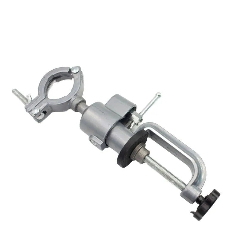 Clamp-on bench vise with 360-degree rotating tungsten steel jaws on bracket mount