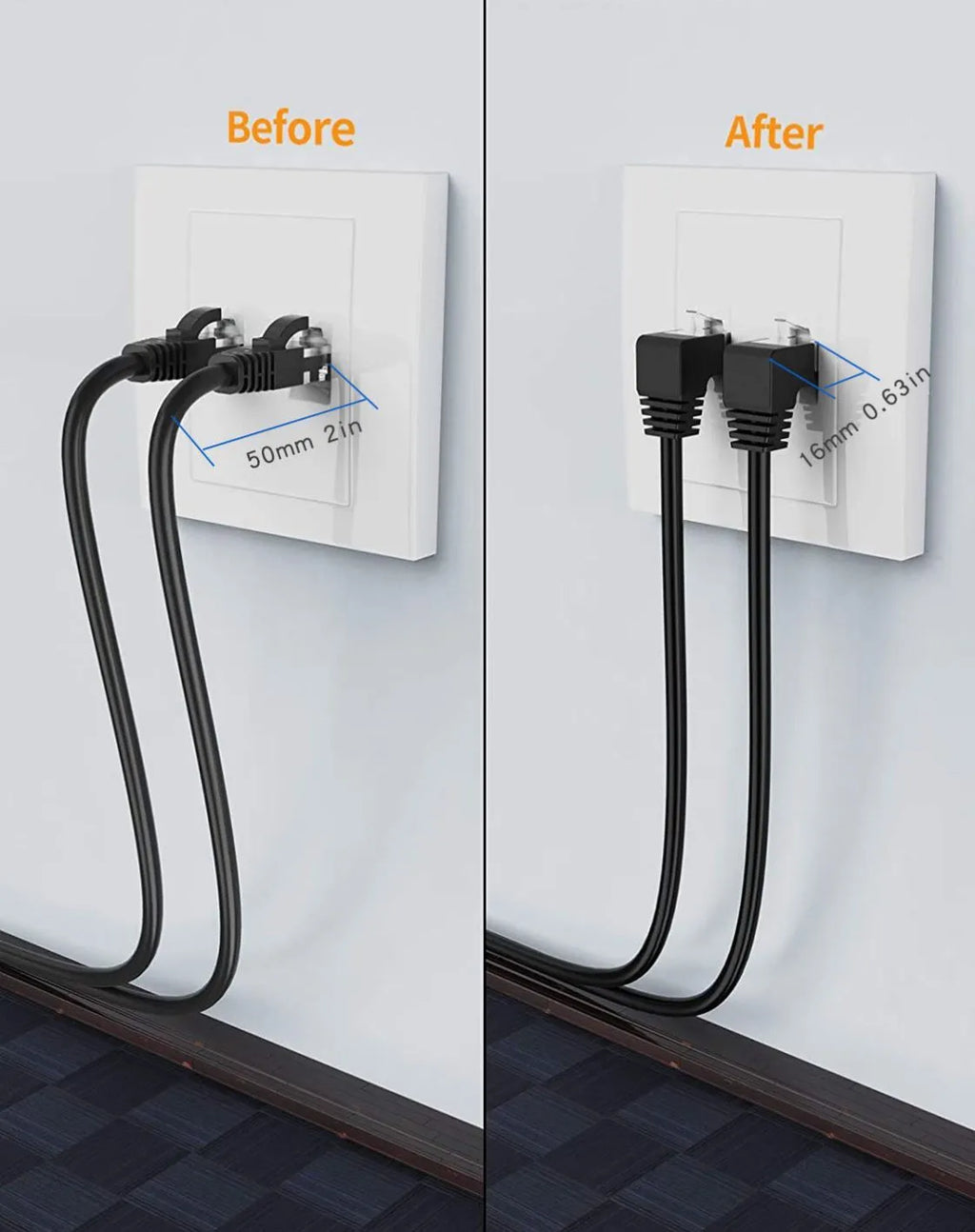 Cat6 Ethernet cable with a black right-angle RJ45 connector, available in multiple colours and lengths.