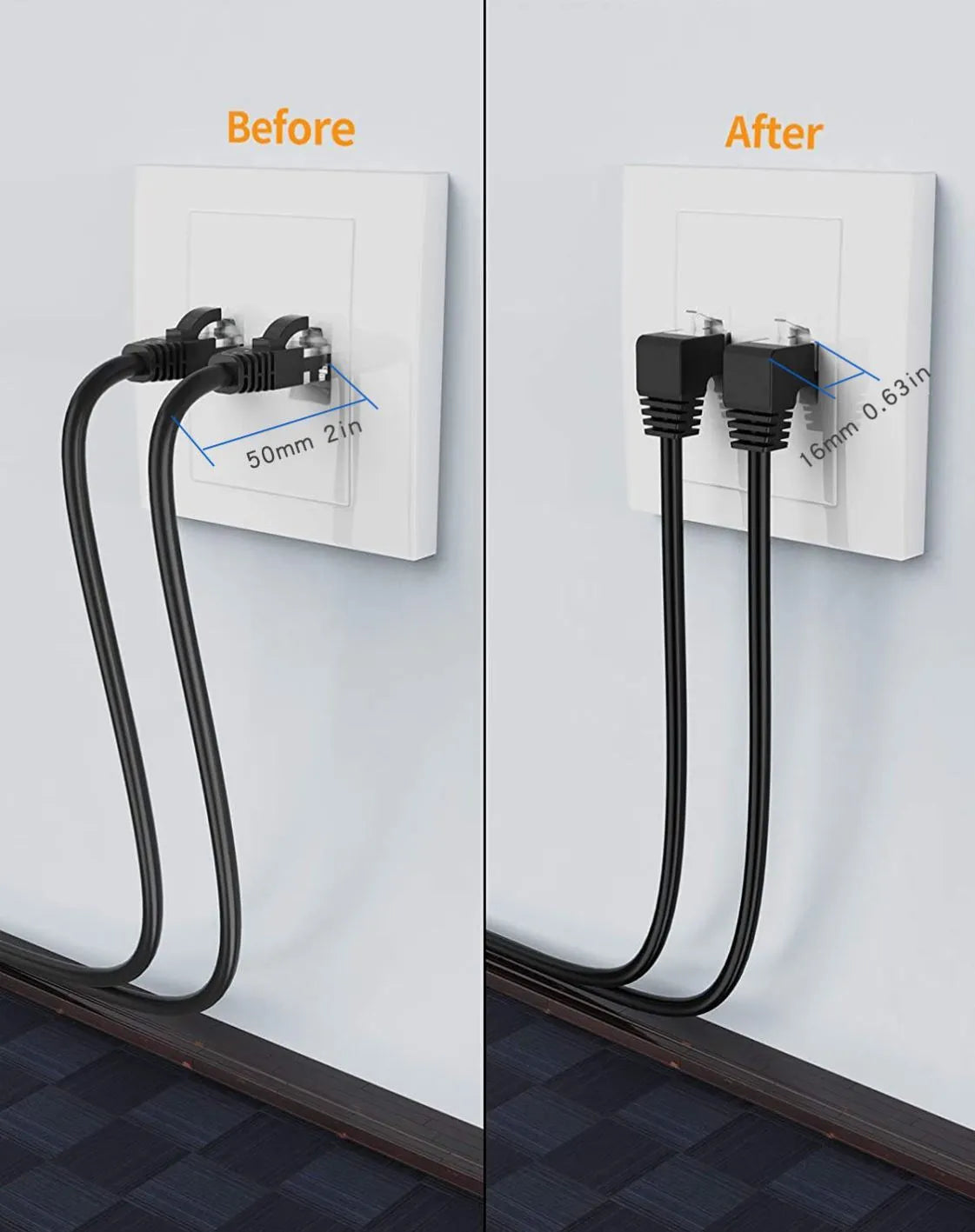 Cat6 Ethernet cable with a black right-angle RJ45 connector, available in multiple colours and lengths.