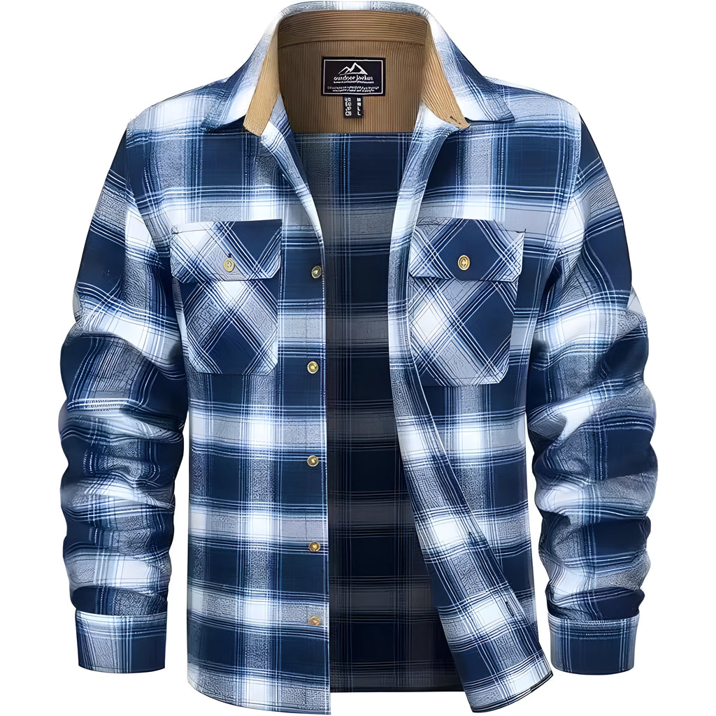 Men's polyester flannel button shirt with plaid pattern in green, navy, orange, and wine red colors available in sizes S to 5XL
