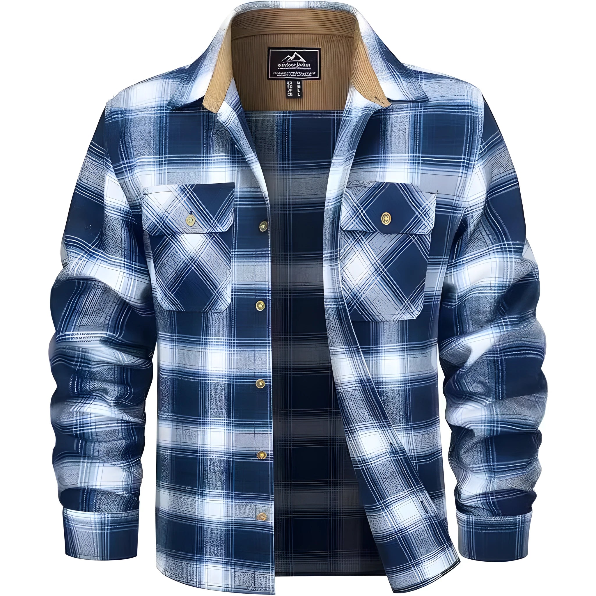 Men's polyester flannel button shirt with plaid pattern in green, navy, orange, and wine red colors available in sizes S to 5XL