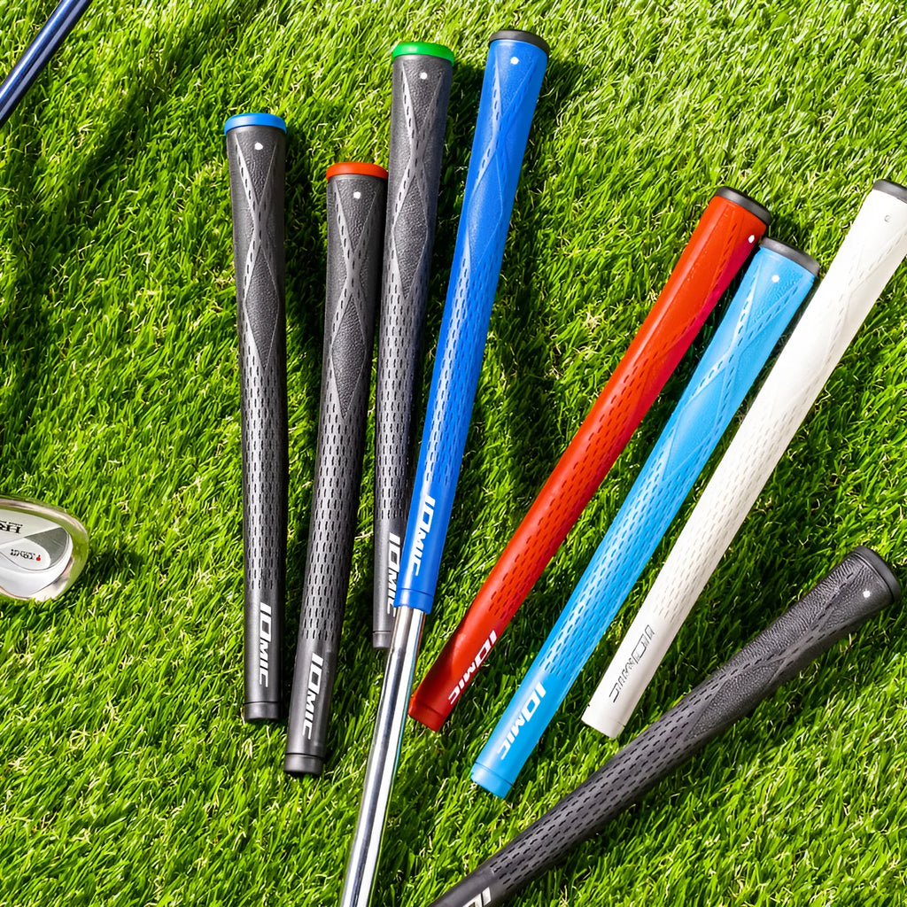 TPE non-slip golf club grip shown in multiple colour options including red, blue, and black.