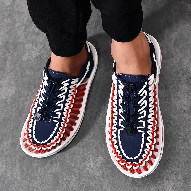 Elastic drawstring woven sandals in rainbow colour with rubber sole and baotou front design