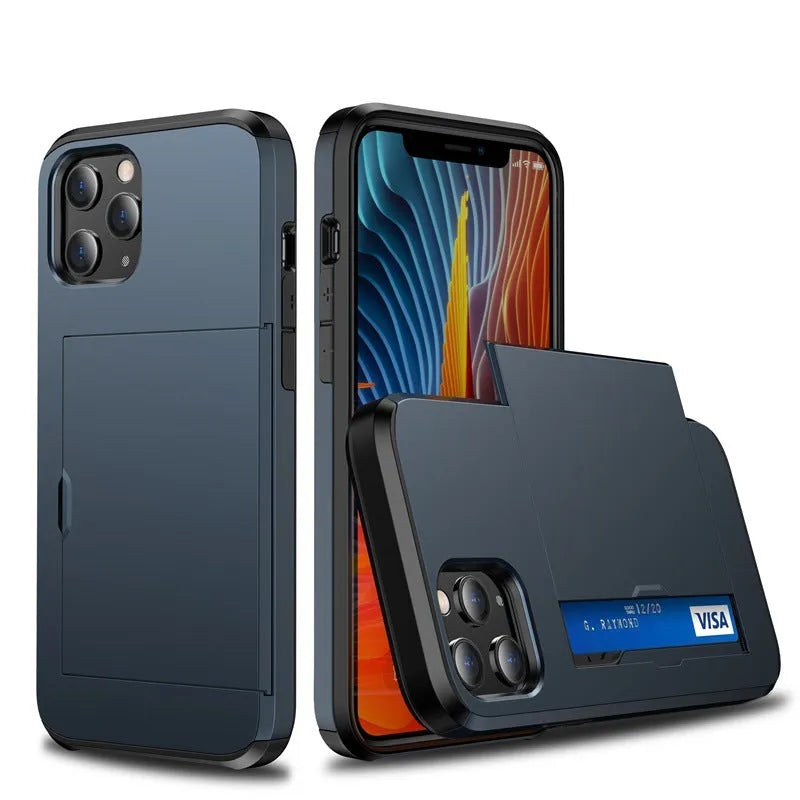 iPhone 13 mobile phone wallet case with sliding card cover in multiple colour options