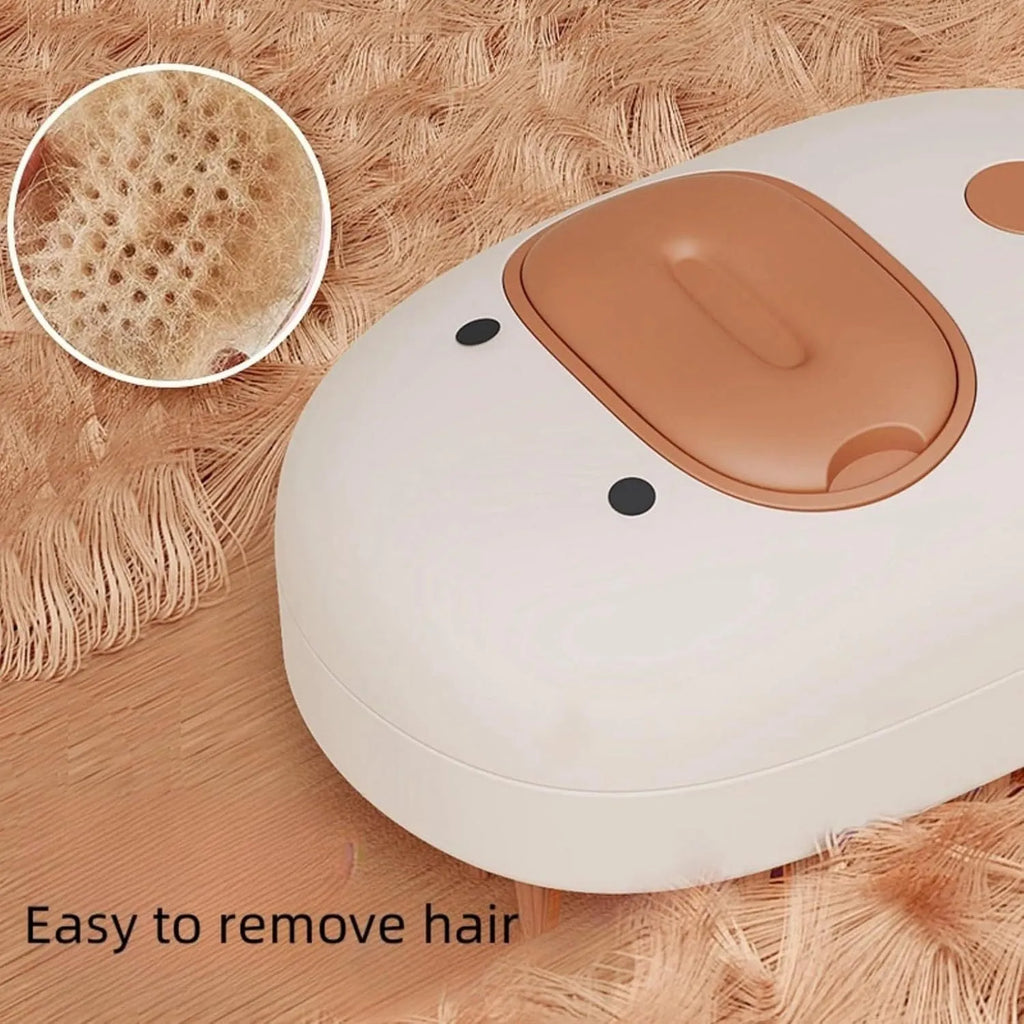 White rechargeable steam pet brush with rubber comb teeth and water tank for grooming dogs and cats.