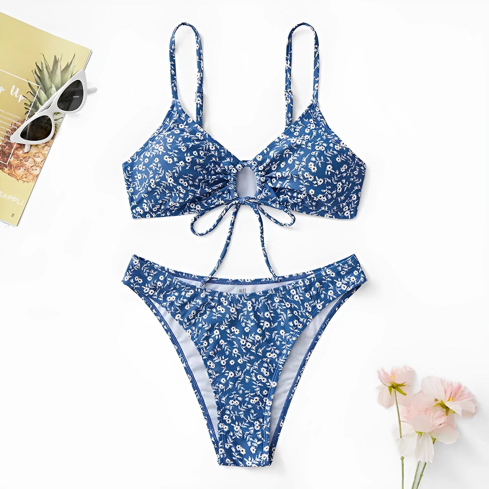 Blue polyester swimsuit three-piece set with matching top and shorts without steel rings